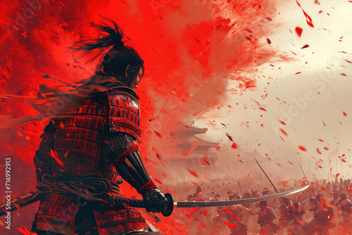 illustration painting A samurai with a katana stands ready to fight against a huge army. 3D illustration, digital art style. © ImagineDesign