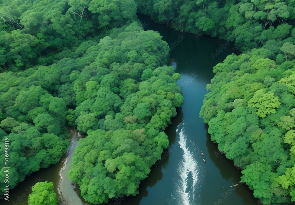 River in rainforest drone view River in rainforest drone view