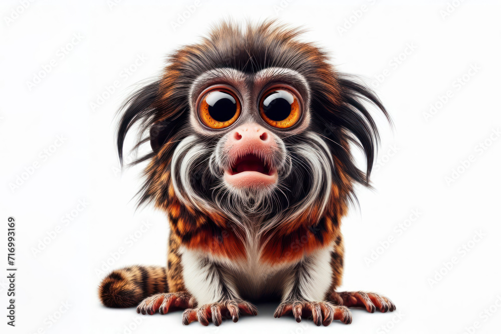 Funny Portrait of surprised Tamarin Monkey with bulging big eyes on solid white background. ai generative