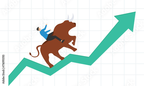 Stock market bull market, Financial asset value and price rising up, investor and trader gain more profit, Running on rising up upward green graph

