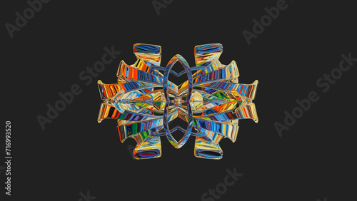 Centrally placed curved and very colorful artfully multi-layered textured abstract symmetrical shape - 3d illustration