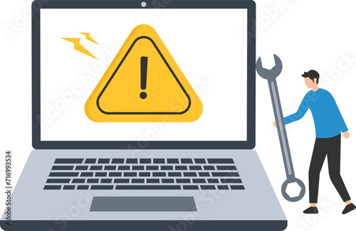System error, Software problem or system failure, Security alert or hardware fault to be fixed, Caution or maintenance, Holding wrench fix system failures
