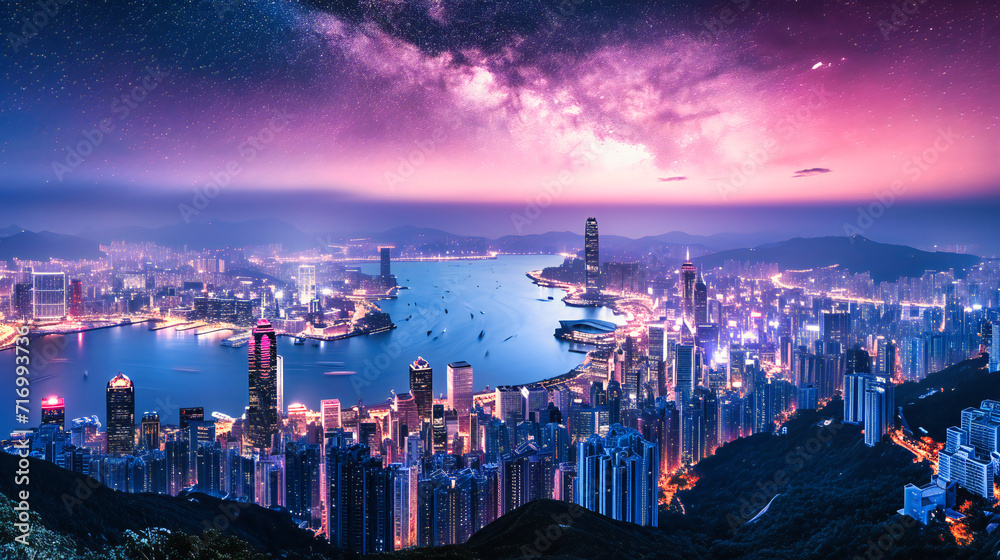 Obraz premium Hong Kong Skyline at Night: Illuminated Skyscrapers and Victoria Harbor in a Vibrant Cityscape