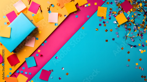 Vibrant Blue and Yellow Background With Confetti and Ribbons