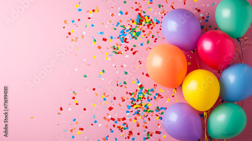 Colorful Balloons and Confetti on Pink Background for Celebration and Parties