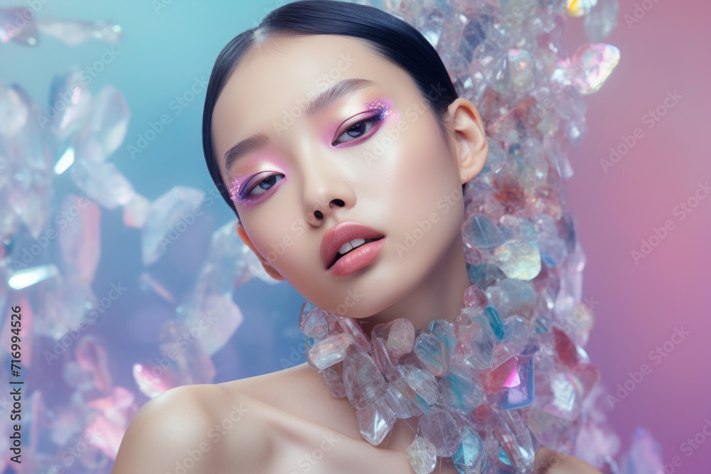 Portrait of a beautiful girl with iridescent glowing makeup. Fashion and beauty concept. Portrait of a beautiful girl with iridescent glowing makeup. Fashion and beauty concept.