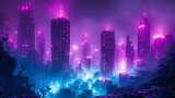 Urban Night Skyline: Modern Architecture and Illuminated Skyscrapers in a Futuristic City