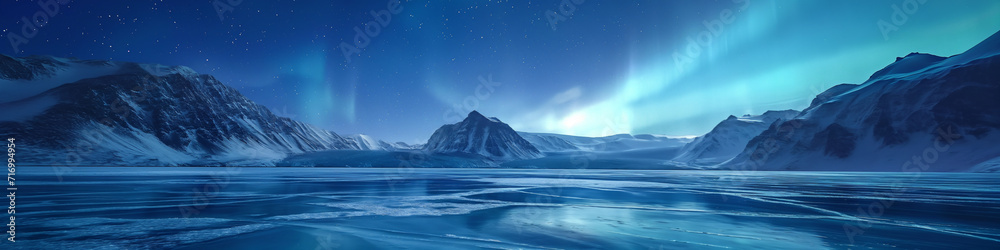 Vibrant extra wide panoramic sky. Frozen lake with mountain range in the horizon. Blue night sky with stars and northern lights. Full moon. Fantasy winter nightscape. 
