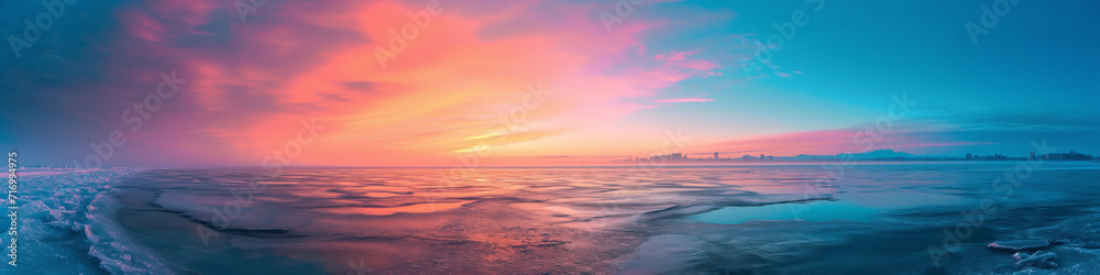 Vibrant extra wide panoramic sky. Vibrant stormy sunset sky over a vast frozen lake. Fantasy winter landscape. Sky gradient tones of fiery red, pink, orange and blue hues casting it's colors.