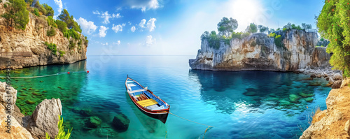Panoramic view of a boat on the sea, Zakynthos island, Greece