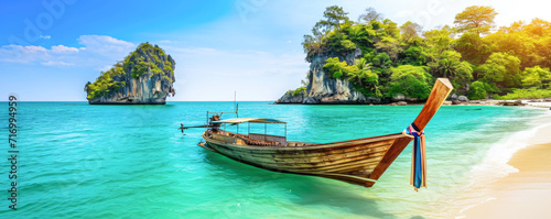 Longtail boat on tropical beach, Krabi, Thailand. Panorama photo