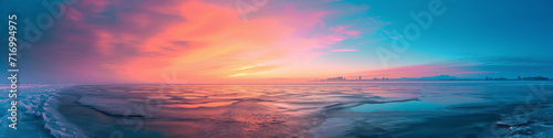 Vibrant extra wide panoramic sky. Vibrant stormy sunset sky over a vast frozen lake. Fantasy winter landscape. Sky gradient tones of fiery red, pink, orange and blue hues casting it's colors.
