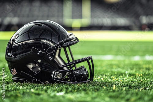 Black American football helmet on green field. Copy space. Sports concept.
