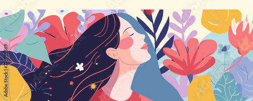Woman's day, vector flat illustration, woman, joyful woman, naive art, portrait of woman, 2d illustration