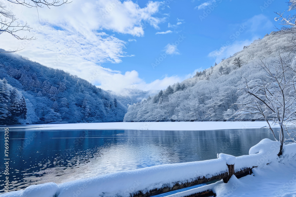 Beautiful winter landscape with snow covered trees and lake in South Korea
