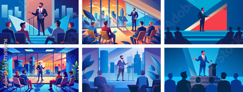 Professional businessman giving presentation at different venues. Vector Illustration. photo