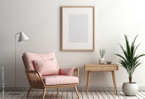 white photo frame on the wall with sofa chair and table © Aistock