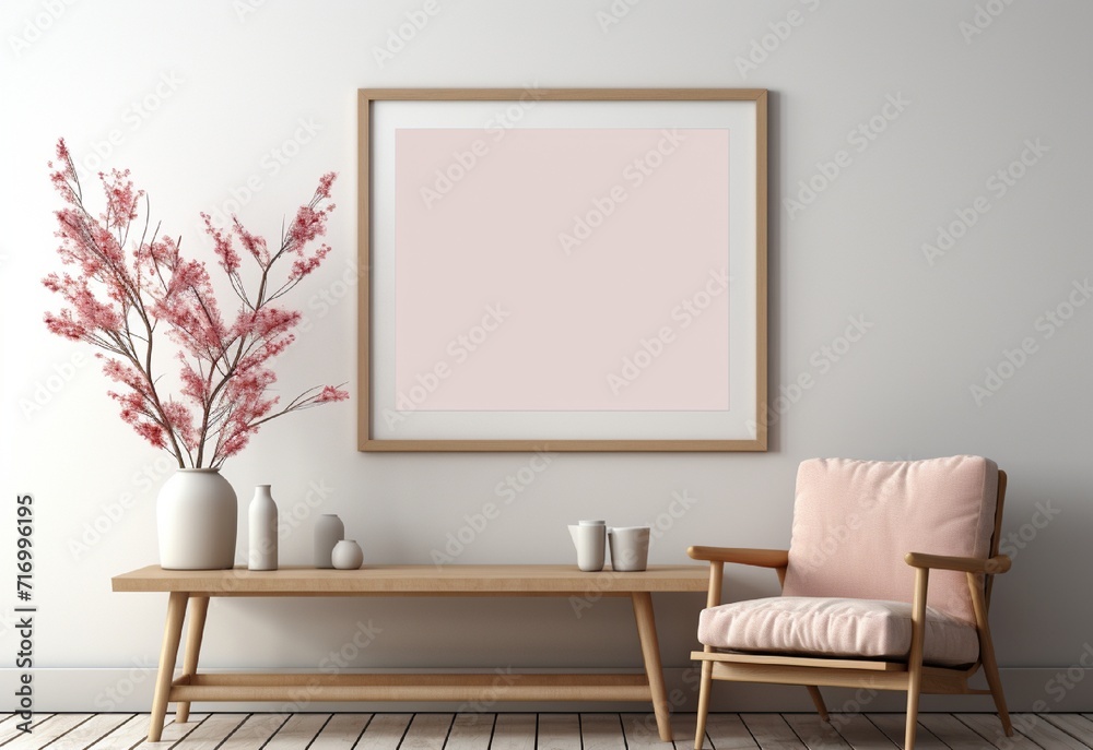 white photo frame on the wall with sofa chair and table