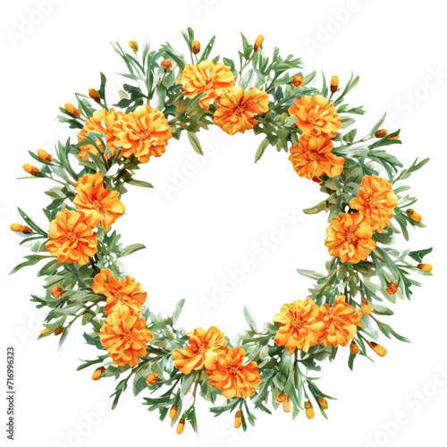 watercolor marigold laurel wreath isolated on transparent background