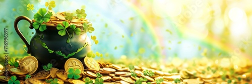 Big pot with gold coins, clover leaves and a rainbow above it. St. Patrick's Day celebration concept, banner photo