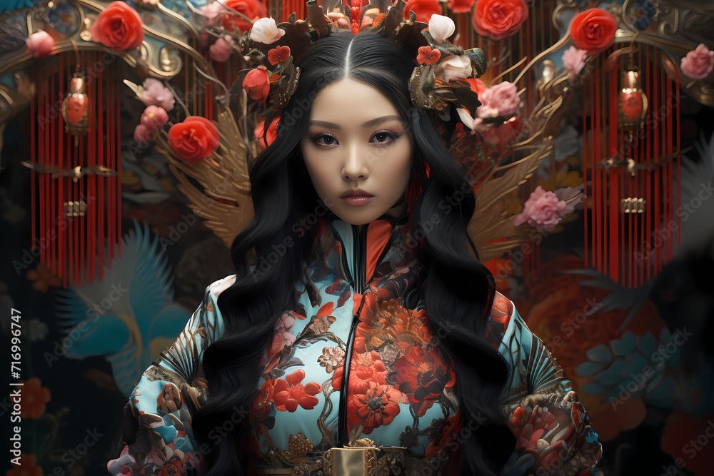 A mesmerizing scene where an AI-crafted Japanese-inspired fashion model, adorned in intricate clothing, poses against a solid background, the details captured flawlessly by a high-definition camera