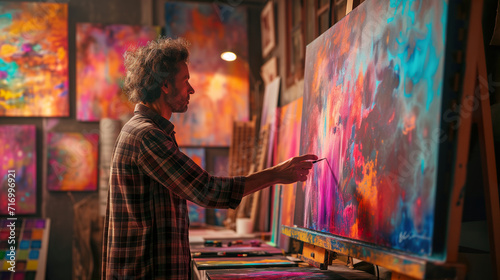 Male artist passionately working on a vibrant abstract painting in a bright art studio