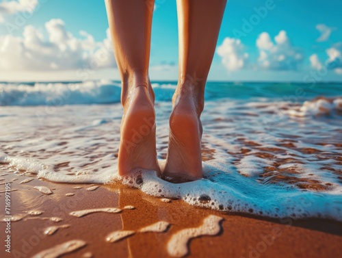 Beauty woman feet, tropical beach