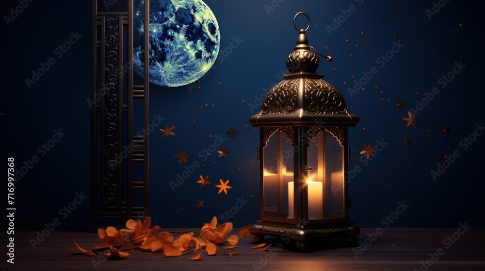 Lantern on the moon with burning candle. Generate AI image Lantern on the moon with burning candle. Generate AI image