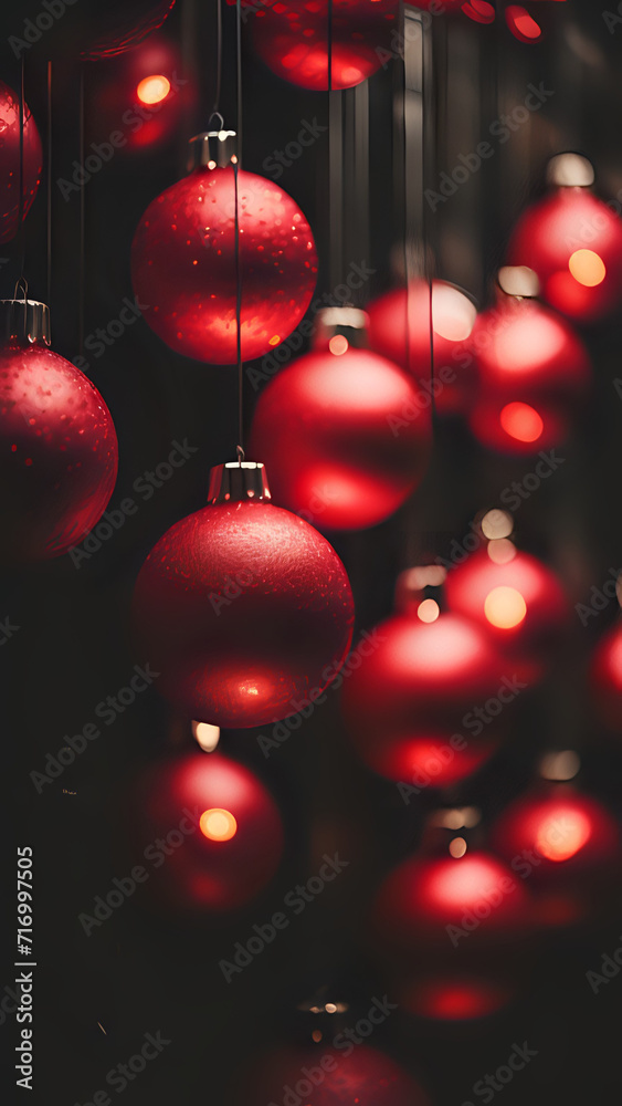 Closeup of hanging red Christmas balls on a black background with Christmas lights in bokeh Closeup of hanging red Christmas balls on a black background with Christmas lights in bokeh