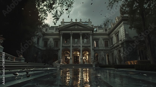 The contrast between the opulence of the mansion and the destructive actions within it creates a visually striking and thematically rich experience

 photo