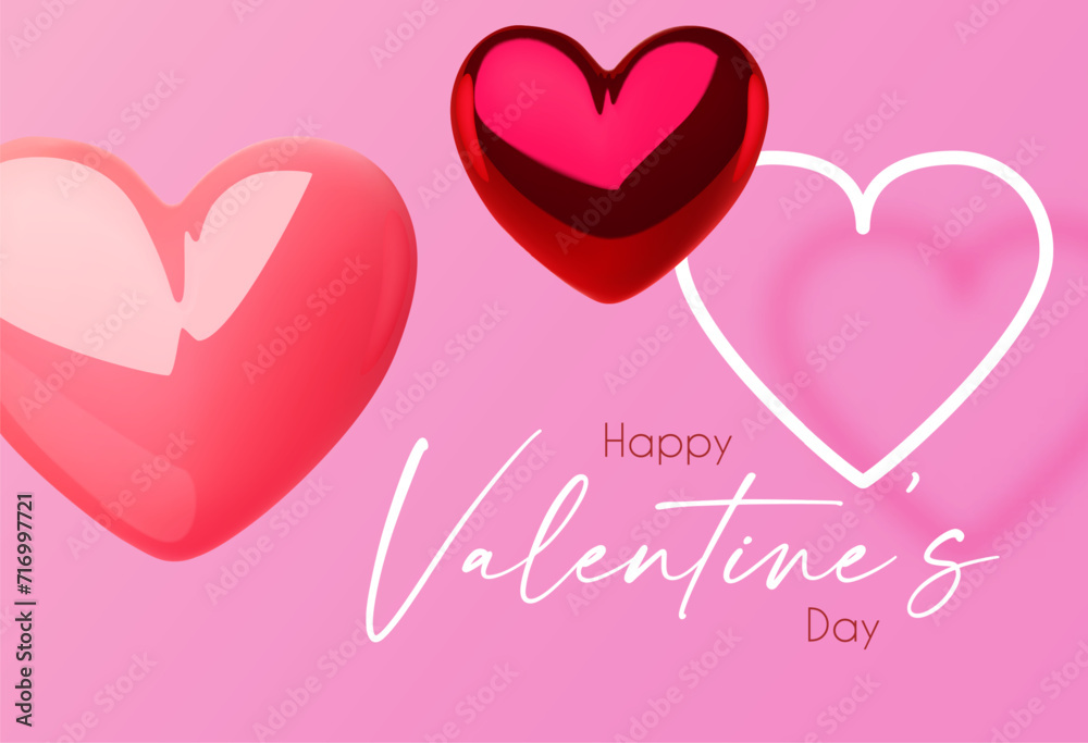 Happy Valentine's day design template with 3D glossy hearts flying in clous.
