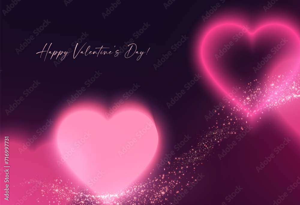 Happy Valentine's Day! Blurred hearts with neon light effect. Love, feelings and wedding background.