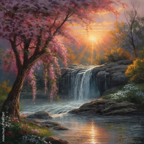 Romantic Waterfall with Blooming Cherry Blossoms