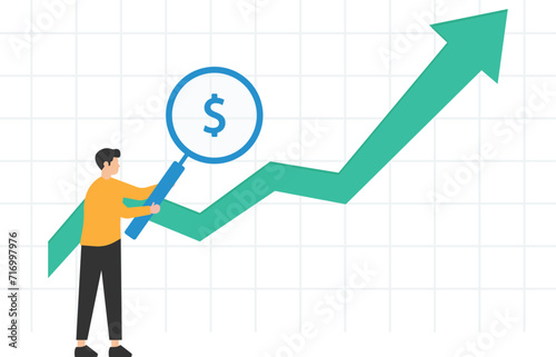 Revenue or salary increase, Growth investment profit or earning from stock market, Money or wages growing, magnifying glass on dollar money sign, Growth graph and chart
