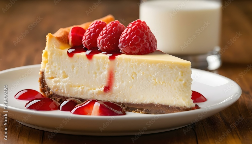 A piece of cheesecake with raspberries on top A piece of cheesecake with raspberries on top