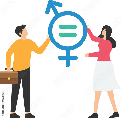 Gender equality, Man and woman equal, balance and diversity in the workplace, Female and male employees having equal opportunity, Holding gender equality symbolic
