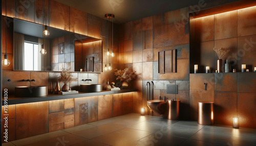 A modern bathroom featuring rusty tiles, stylish lighting, and elegant decorations