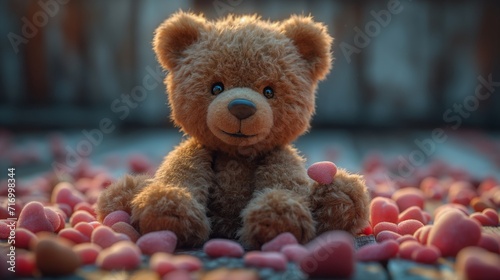 bear soft toy sitting holding a romantic heart. Generative AI