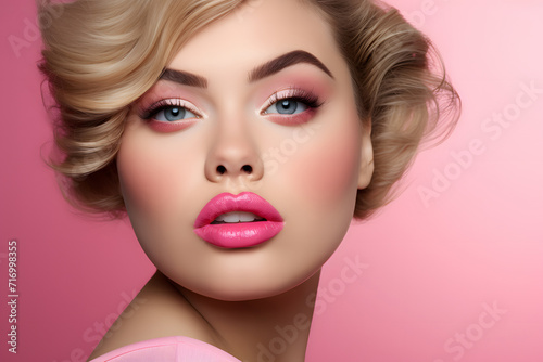 Fave of pretty woman with glamourous makeup with pik lipstick and blond hair in front of pink background.