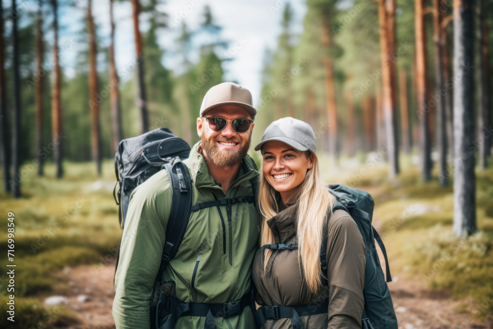 Smiling couple hiking together in pine forest during summer in Lapland Smiling couple hiking together in pine forest during summer in Lapland