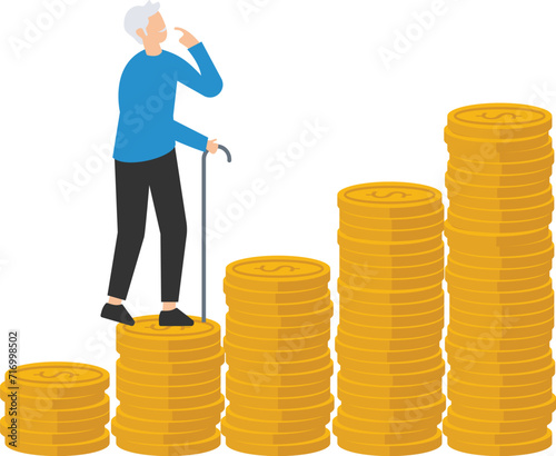 Retirement saving or investment pension fund, Planning for wealth and expense, Living after retire, Old man walking on stack of growth money coins
