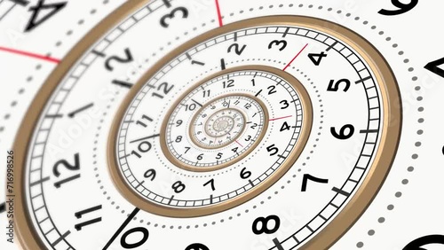 Spiral with clock watch dial. Metaphor of infinity of time. Transience of time. Limited life time. Conceptual video animation. High quality 4k footage