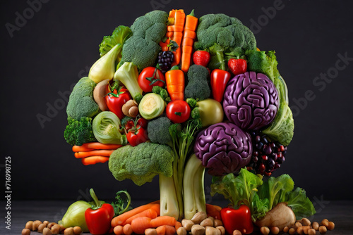 Nourish your mind. A creative blend of tasty vegetables forming a human brain. Inspire healthy living with this unique vegetarian and vegan food concept.