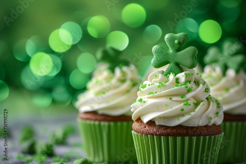 Delicious Saint Patrick   s day green cupcake on a green blurred background with copy space for text