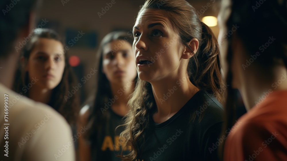 A stern coach talking at her women's basketball team gathered around her during basketball practice,  cinematic. Coach cheering on the women's team, sports, basketball, volleyball, training, sporty.