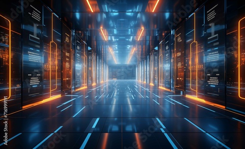 Futuristic server room with glowing blue and orange lights in a data center corridor photo