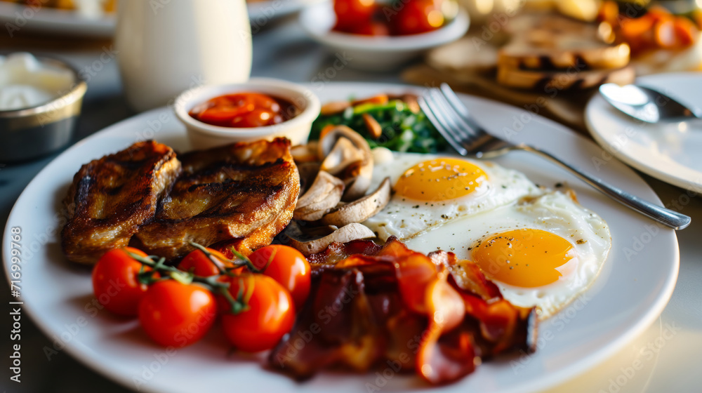 A delicious breakfast plate featuring eggs, bacon, and tomatoes, served on a white plate. A delicious breakfast plate featuring eggs, bacon, and tomatoes, served on a white plate.