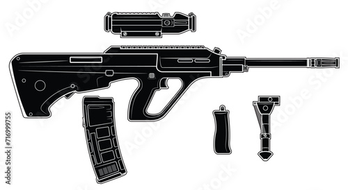 Vector illustration of an Austrian automatic rifle in a bullpup arrangement with a picatinny rail and accessories such as a bipod, magazine, scope on a white background. Black. Right side.