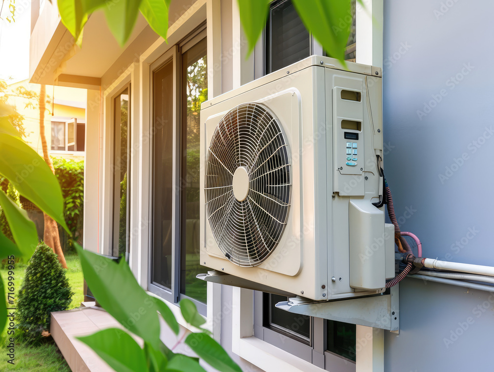 Modern building with a heat pump, Green Energy concept Modern building with a heat pump, Green Energy concept