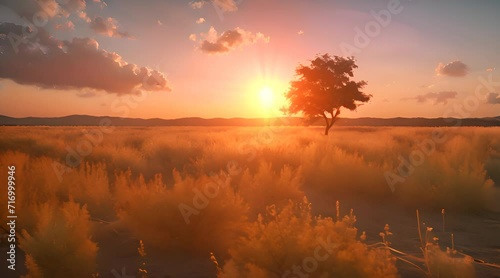 Sunrise over golden field on summer photo